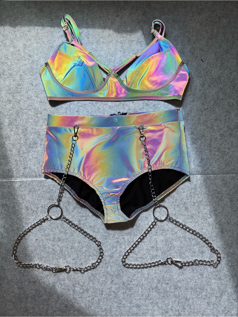 Rainbow Reflective Iridescent Rave Set with Chain Garters. Hot & Delicious.
